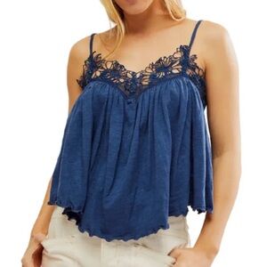 Free People Kayla Tank Cami Boho Floral Lace Lettuce Hem Navy Blue Loose Fit M